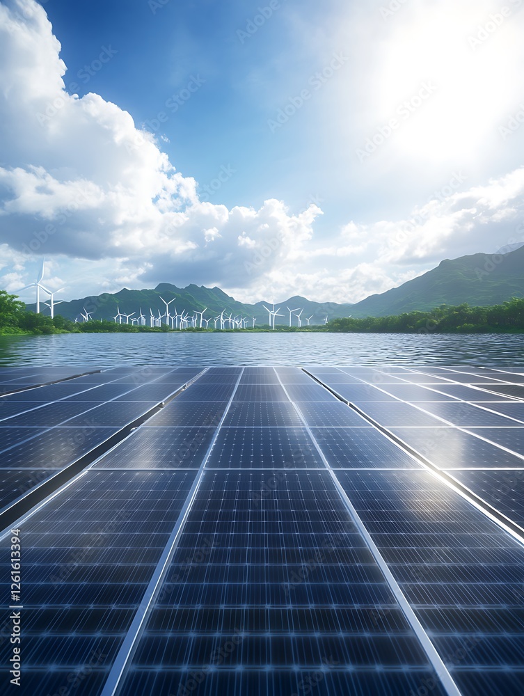 Poster a futuristic floating energy grid concept with solar technology showcased in a digital image.