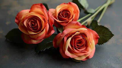 Fototapeta premium Three orange roses, dark background, studio shot, floral arrangement