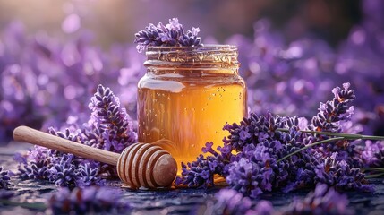 A jar of golden honey surrounded by blooming lavender flowers in a serene outdoor setting