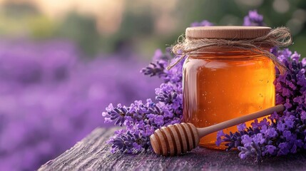 Glass jar of honey surrounded by lavender flowers on a rustic wooden surface at sunset