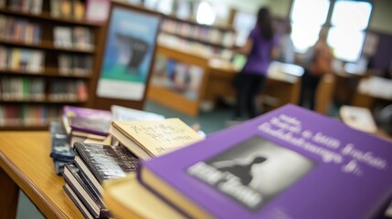 A Stack of Books in a Blurred Library Setting
