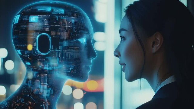 4K Video human call center agent and an AI assistant displayed on a floating holographic screen
