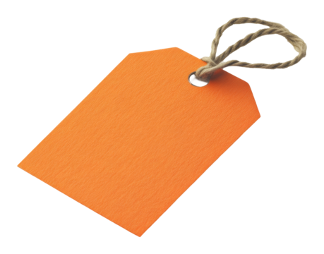 Orange paper tag with string on transparent background, minimalistic design. Label and stationery concept