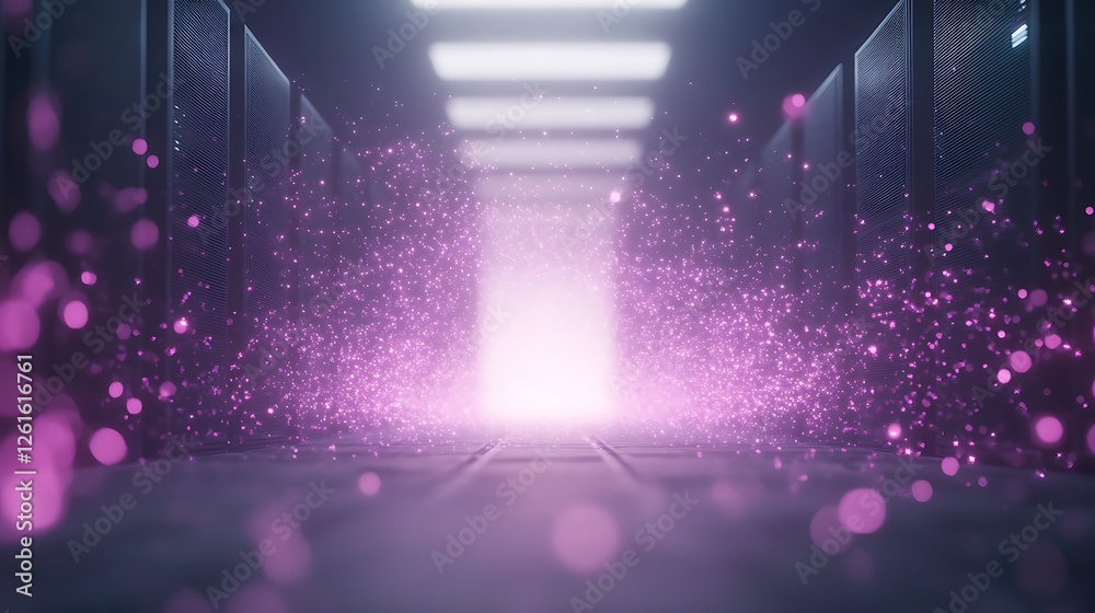 Poster A futuristic AI supercomputer illuminated by dark neon lights, showcasing advanced technology and innovation.