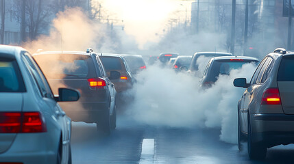 Obraz premium Traffic congestion with cars emitting exhaust fumes creates air pollution