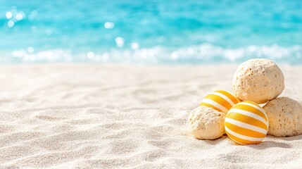 Obraz premium Striped Easter eggs on beach, ocean background, spring holiday