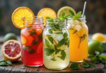 Refreshing summer drinks outdoor setting beverage photography colorful cocktails close-up view hydration concept
