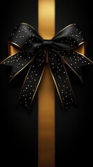 Elegant Black and Gold Bow, A luxurious black bow adorned with gold accents sits atop a golden ribbon against a deep black background, creating an image of sophisticated elegance and festive charm. 