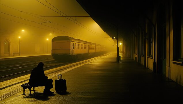 Foggy train station night, lonely traveler waits - Powered by Adobe