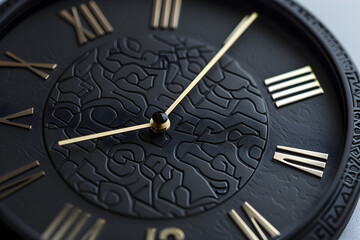 Elegant Quartz Clock Face Design with Intricate Numerals and Minimalist Hands on a Brushed Metallic Background