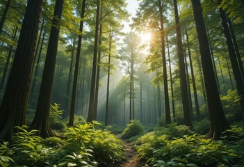 Obraz premium Sunlight filtering through lush green trees forest nature scene tranquil environment serene viewpoint peaceful concept