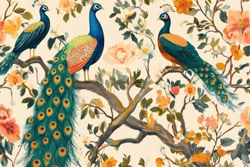 A harmonious blend of colorful peacocks and birds amidst vibrant floral botanical elements in a hand-painted retro wallpaper design. 