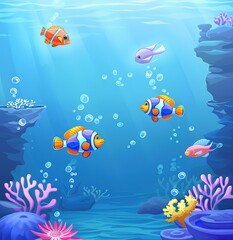Naklejka premium The tranquil underwater world depicted in blue illustration is suitable for educational purposes, artistic creation backgrounds, and design.