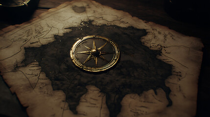 Detailed Vintage Compass Rose on an Old Undiscovered Land Map for Explorers and Cartographers