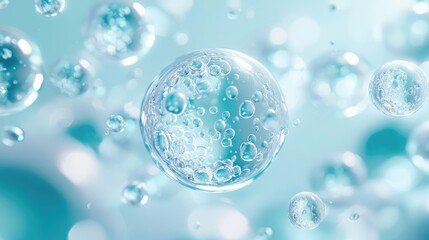 Close-up view of floating bubbles in a serene blue background, depicting tranquility and freshness