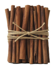 Bundle of cinnamon sticks tied with twine against white background, aromatic spice concept