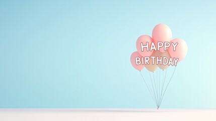 Colorful balloons with 'Happy Birthday' text floating against a soft blue background