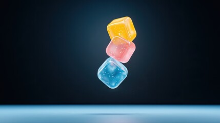 Three colorful ice cubes suspended in mid-air against a dark background, creating a vibrant visual effect