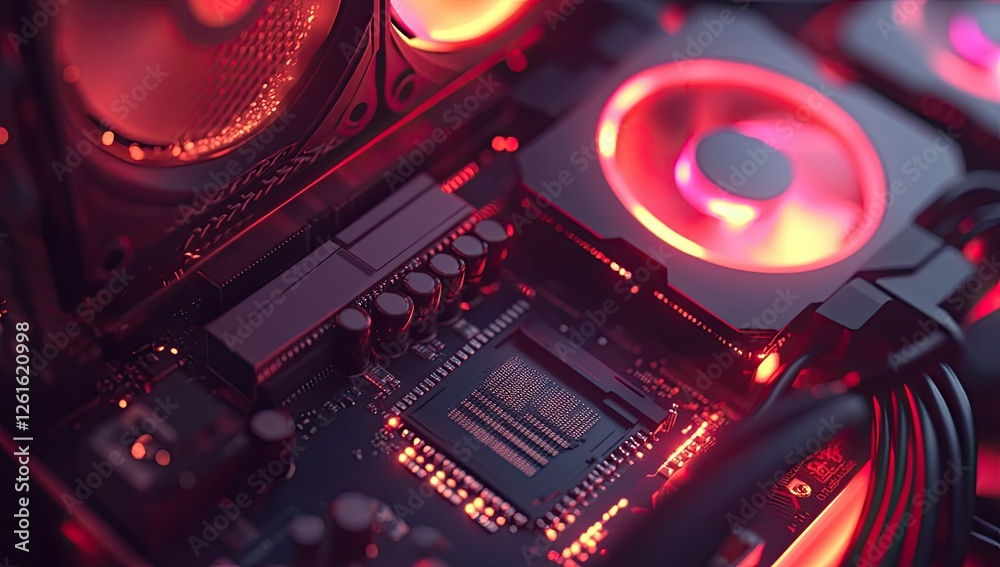Poster illuminated pc motherboard, fans glow red, circuit board close-up. possible use tech background