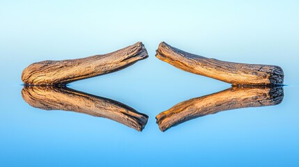 Two wooden logs reflected in calm blue water under a clear sky, showcasing nature's tranquility