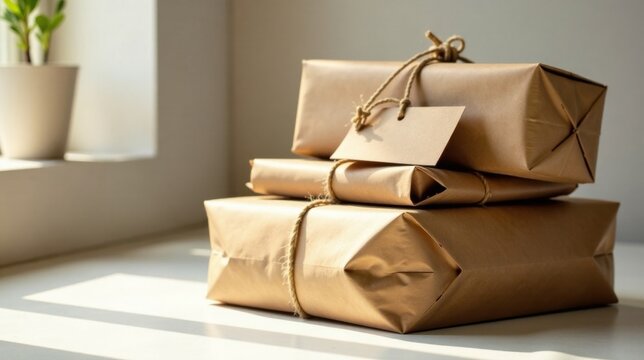 Sunlight illuminates a stack of neatly wrapped presents, tied with twine and featuring a blank tag