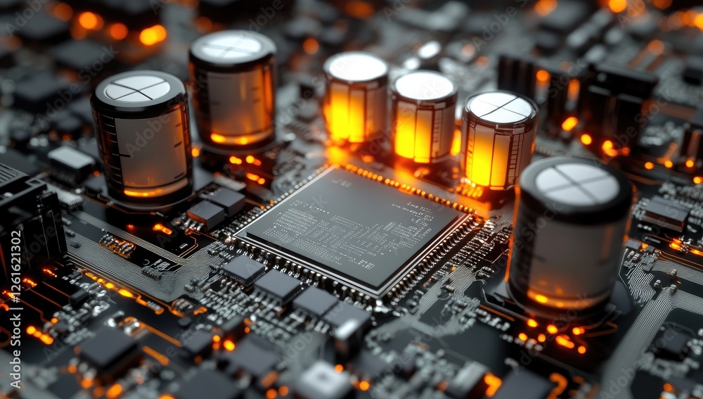 Aufkleber circuit board with glowing capacitors and processor