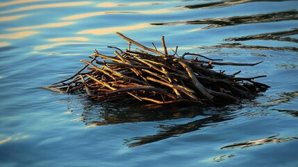 A serene water scene featuring a floating nest made of twigs in calm water at sunset