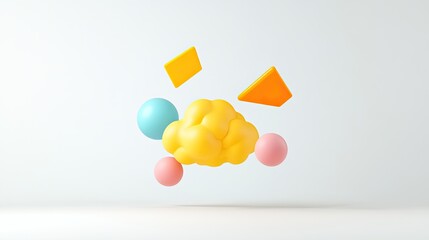 Colorful geometric shapes floating above a smooth surface, creating a playful and modern atmosphere
