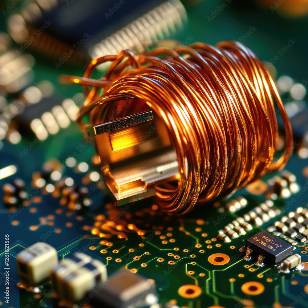 Poster copper wire coil on circuit board with electronic components
