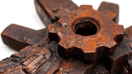 Rusted Industrial Gear With Deep Metallic Textures Isolated on White Background