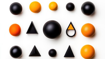 Colorful arrangement of geometric shapes and spheres on a white background for design use