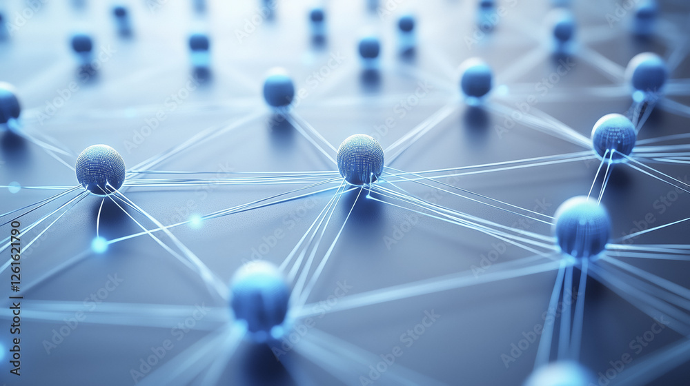 Poster network of interconnected blue spheres reflective surface symbolizes digital connectivity and futuri
