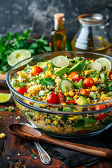 Rustic Table Setting with Freshly Prepared Colorful Quinoa Salad and Homemade Dressing