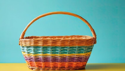 a woven basket made from natural materials, most likely rattan or bamboo. This basket has a round shape with an open top and a curved handle at the top