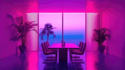 Modern dining room with vibrant neon lighting and ocean view at sunset, ideal for interior design