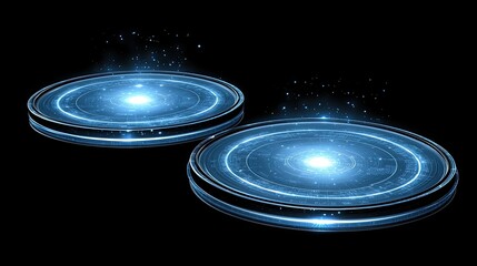 Futuristic glowing circular platforms with swirling energy, set against a dark cosmic background
