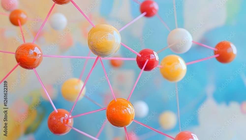 Poster colorful spheres connected by lines, abstract network, blurred world map background
