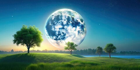 Fototapeta premium Softly glowing moon rises above a serene landscape with a subtle sky blue gradient background and lush greenery , moon