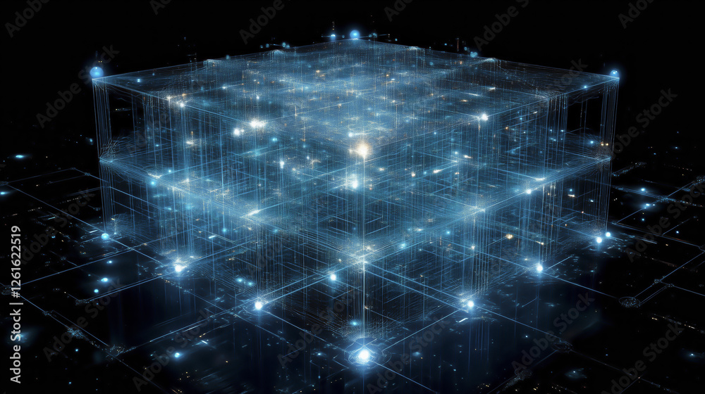Poster glowing digital cube structure with interconnected lines and nodes, representing futuristic network 