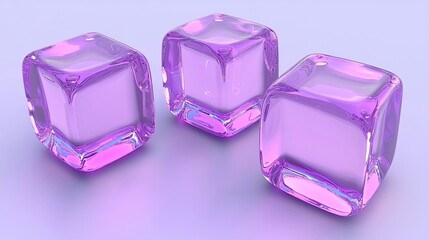 Three translucent purple ice cubes on a smooth surface, reflecting light softly in a minimalistic setting