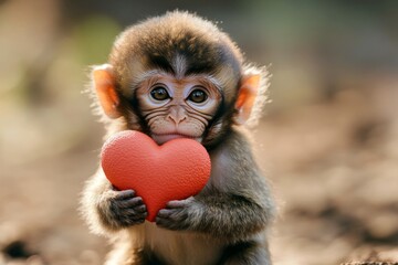 Fototapeta premium Cute macaque baby with domestic animal toy red heart on in a natural habitat. Macaque - my desired animal. Ad campaign animal conceptual art. Furry valentine's day. Tender love in nature.