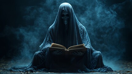 Grim Reaper Reading Book in Smoky Atmosphere for Halloween Concept