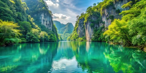 Fototapeta premium Serene waters of turquoise lake surrounded by lush green vegetation and towering limestone cliffs, reflecting perfect harmony with nature, turquoise lake, natural wonder
