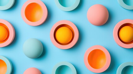 Colorful geometric shapes with spheres and bowls arranged on a vibrant blue background