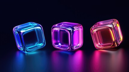 Three vibrant glass ice cubes illuminated with colorful lights against a dark background