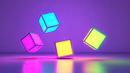 Colorful floating cubes illuminated in vibrant neon hues against a purple backdrop