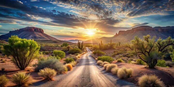 A road splits into three distinct paths with different lighting effects and foliage on each side of the split point , desert trail, natural split