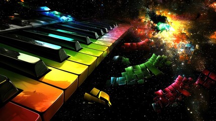 Colorful piano keys floating in a cosmic space, surrounded by vibrant nebulae and stars