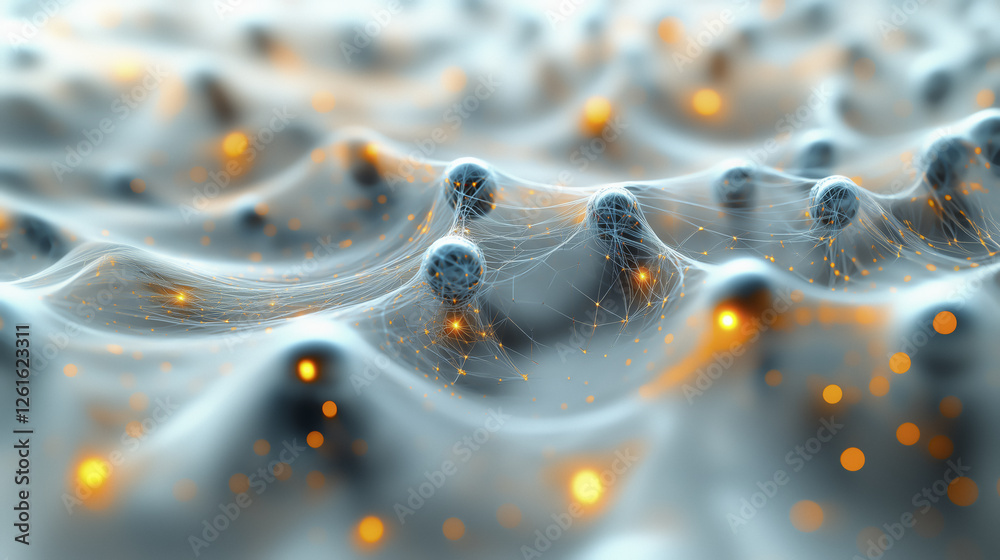 Poster futuristic digital landscape with interconnected glowing nodes and flowing lines, representing netwo