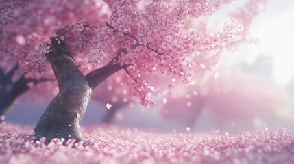 Obraz premium Pink cherry blossoms falling on ground.